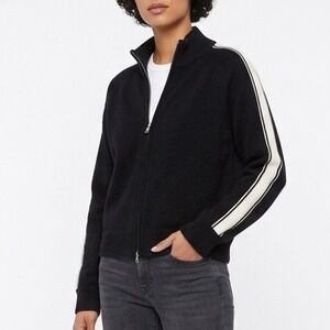 Fashion Sweater Jacket Womens Large Black Knit Acrylic Stripe Sleeve Full Zip